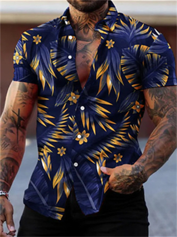 Men's Shirt Graphic Shirt Aloha Shirt Graphic Leaves Turndown Red green Green Black Blue Purple 3D Print Street Daily Short Sleeve 3D Button-Down Clothing Apparel Fashion Designer Casual Breathable