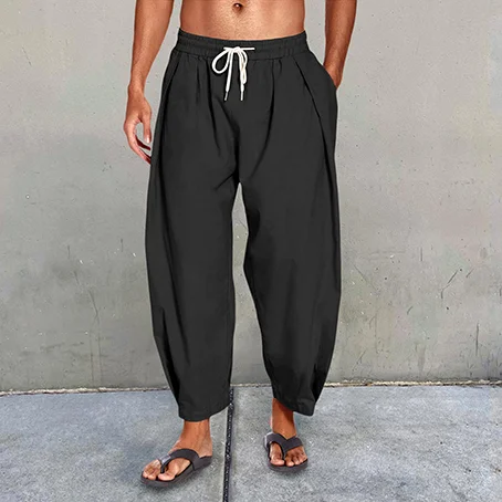 Men's Cotton Linen Drawstring Cropped Casual Harem Pants-inspireuse