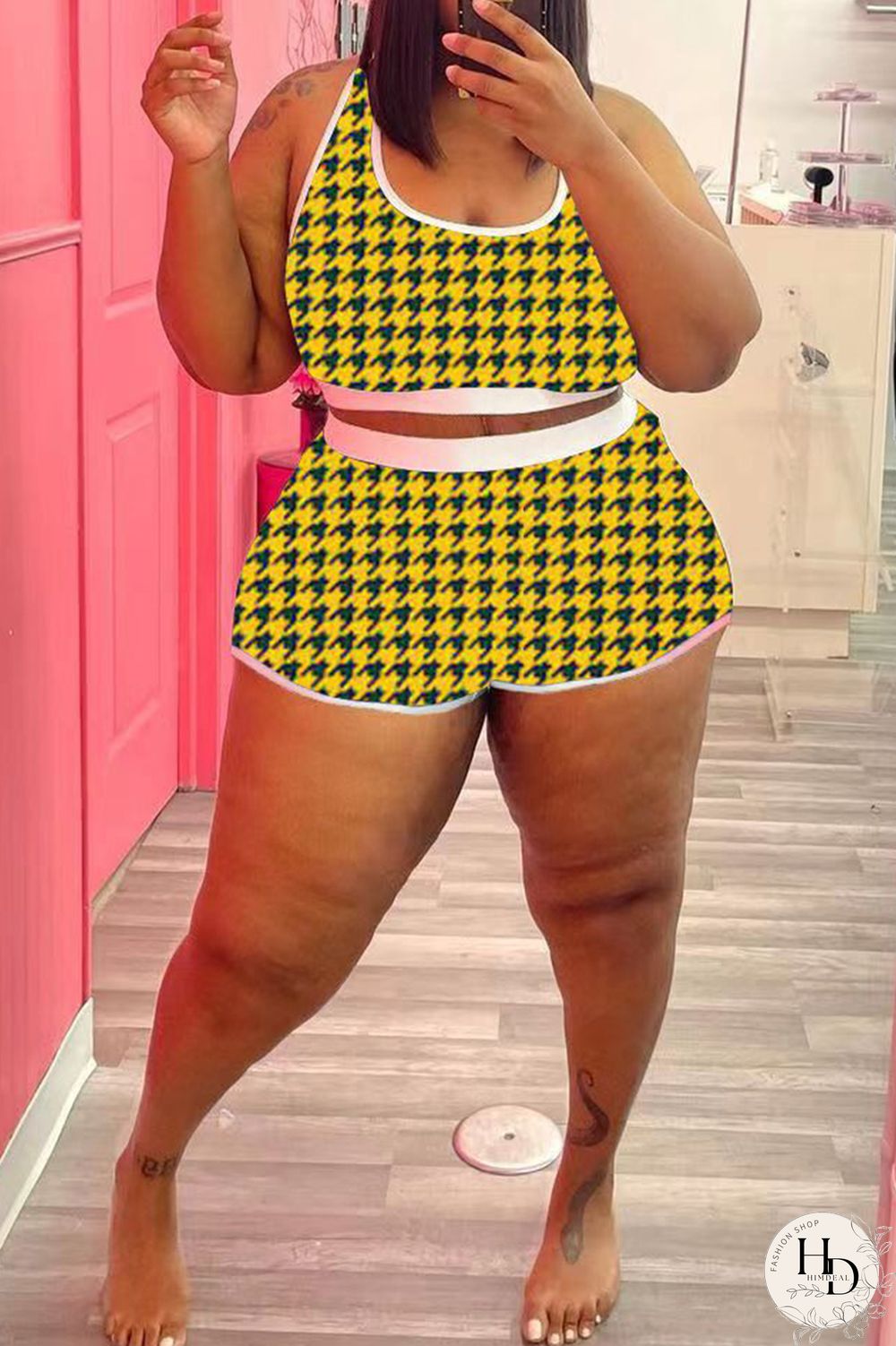 Yellow Fashion Casual Print Vests U Neck Plus Size Two Pieces