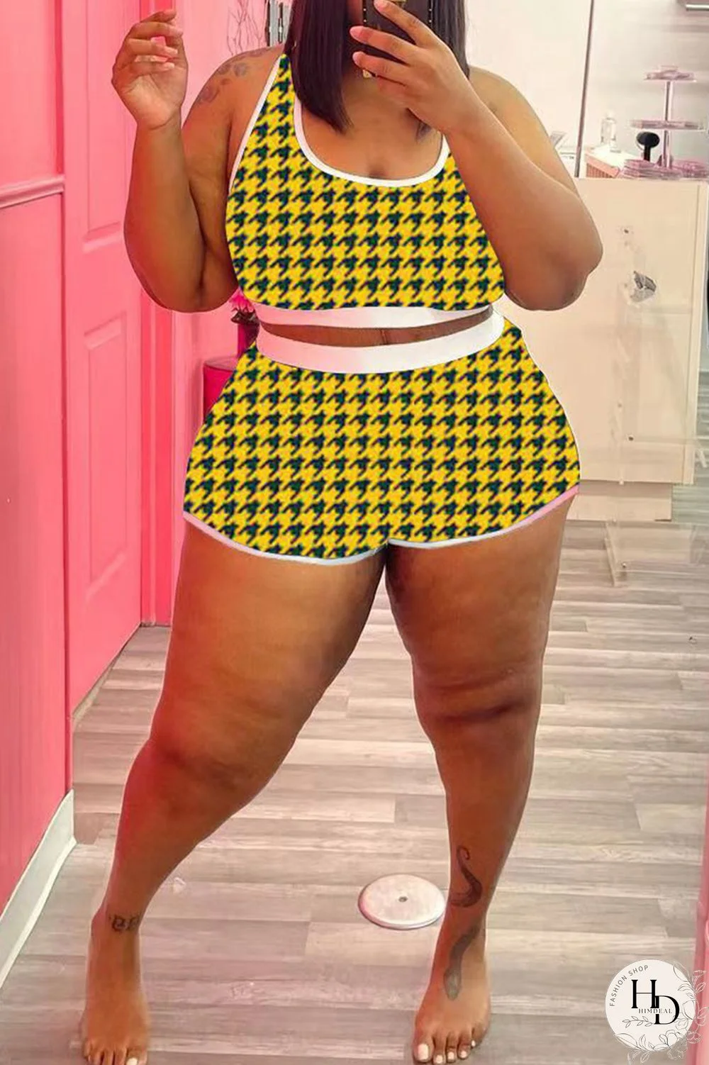 Yellow Fashion Casual Print Vests U Neck Plus Size Two Pieces