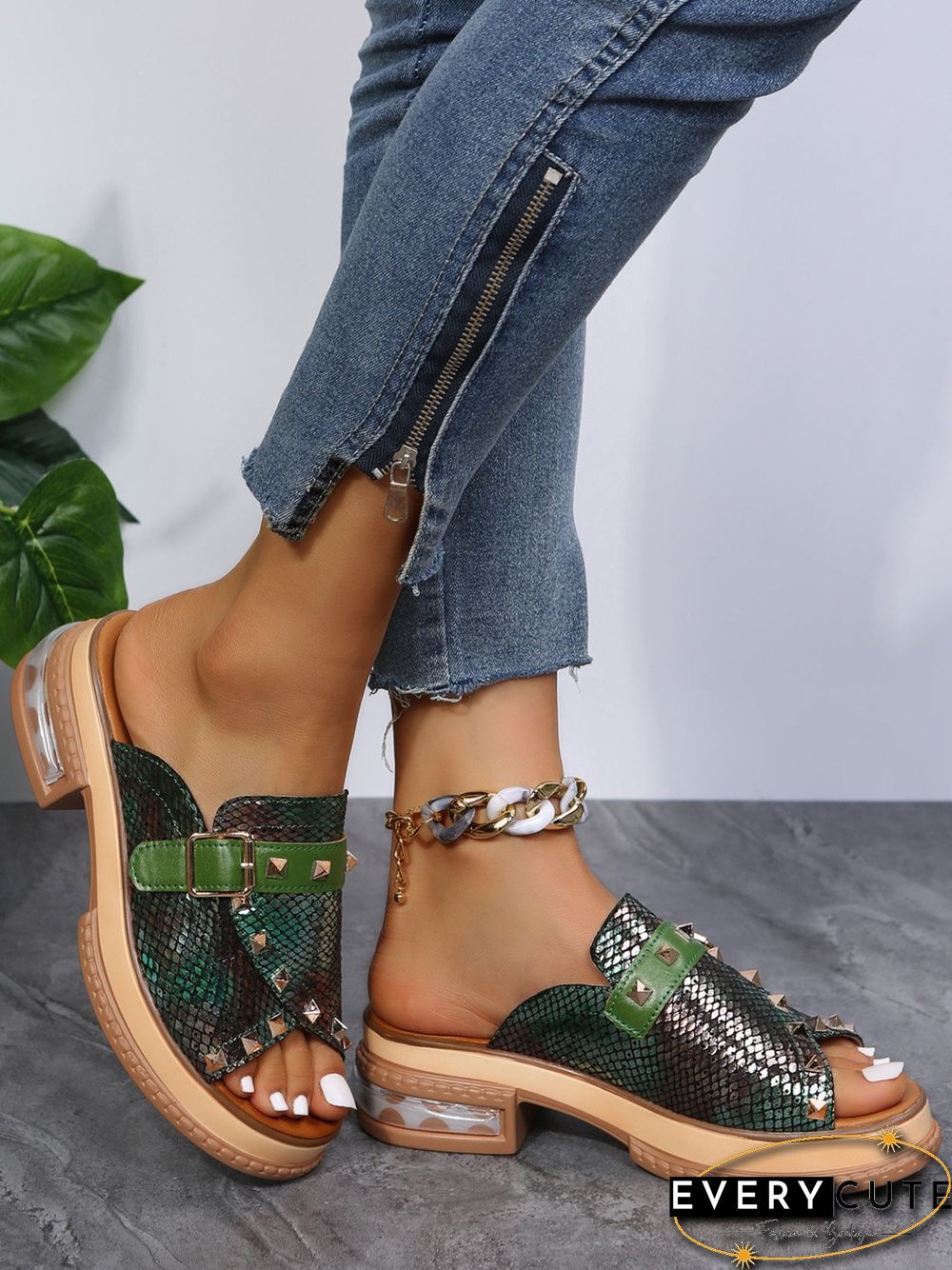 Urban Studded Snake Print Chunky Heel Slippers