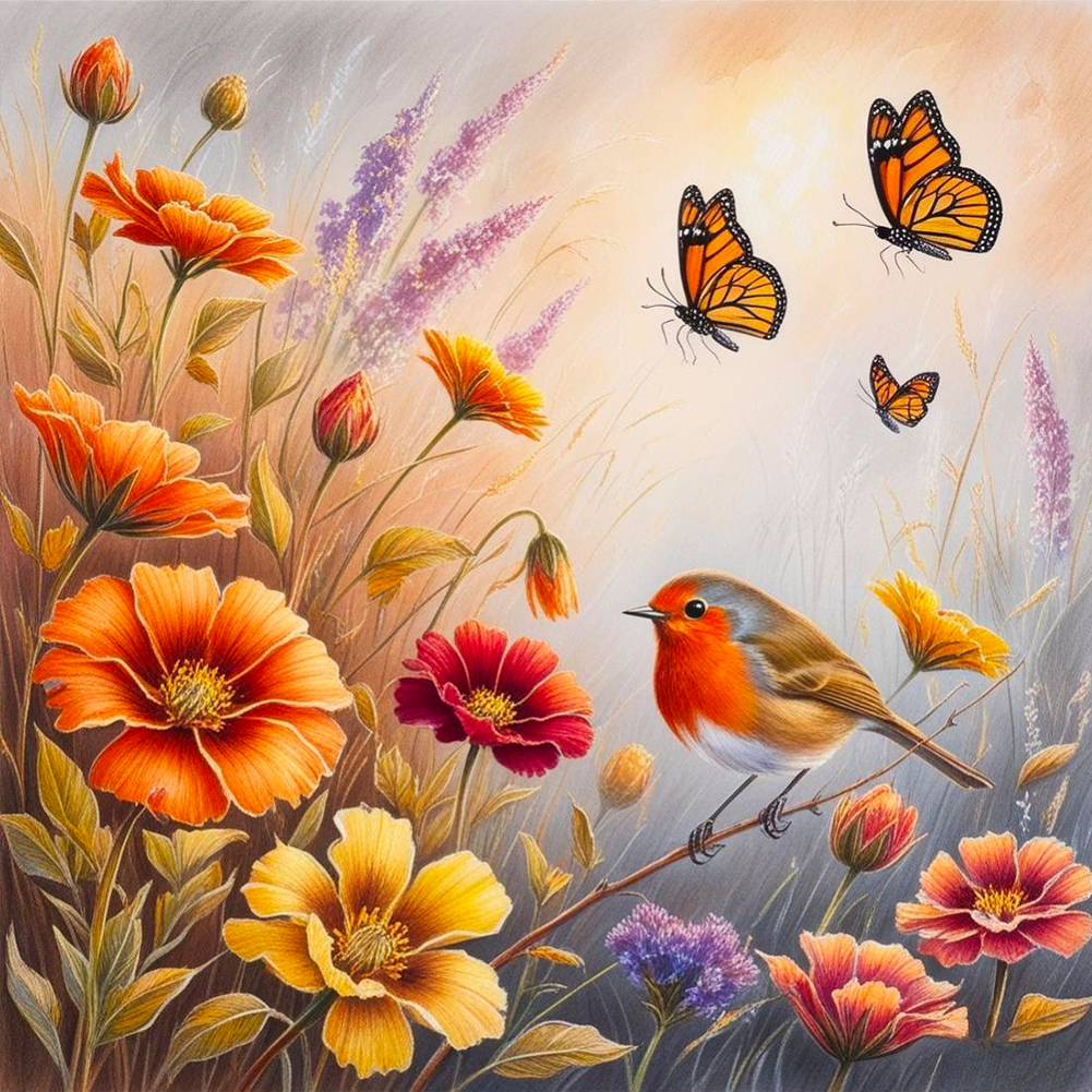 Flower Robin 30*30cm(canvas) full round drill diamond painting