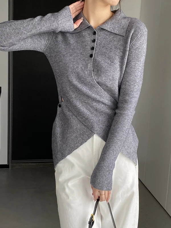 Hollow Buttoned Asymmetric Skinny Long Sleeves Lapel Sweater Pullovers Knitwear