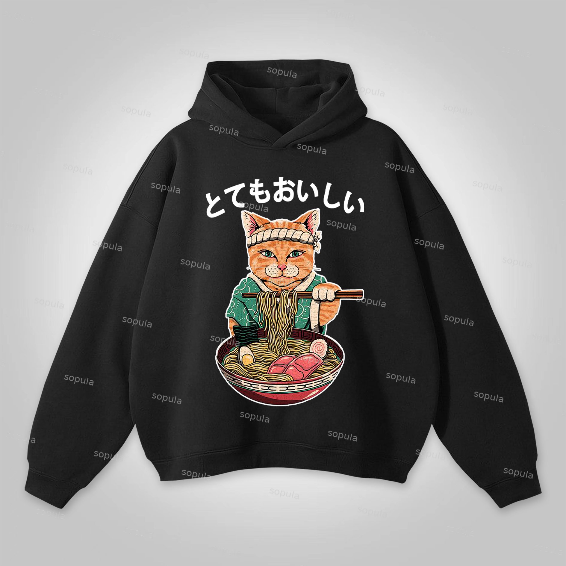 Sopula Cats Eat Ramen Noodles Print Pocketless Hoodie