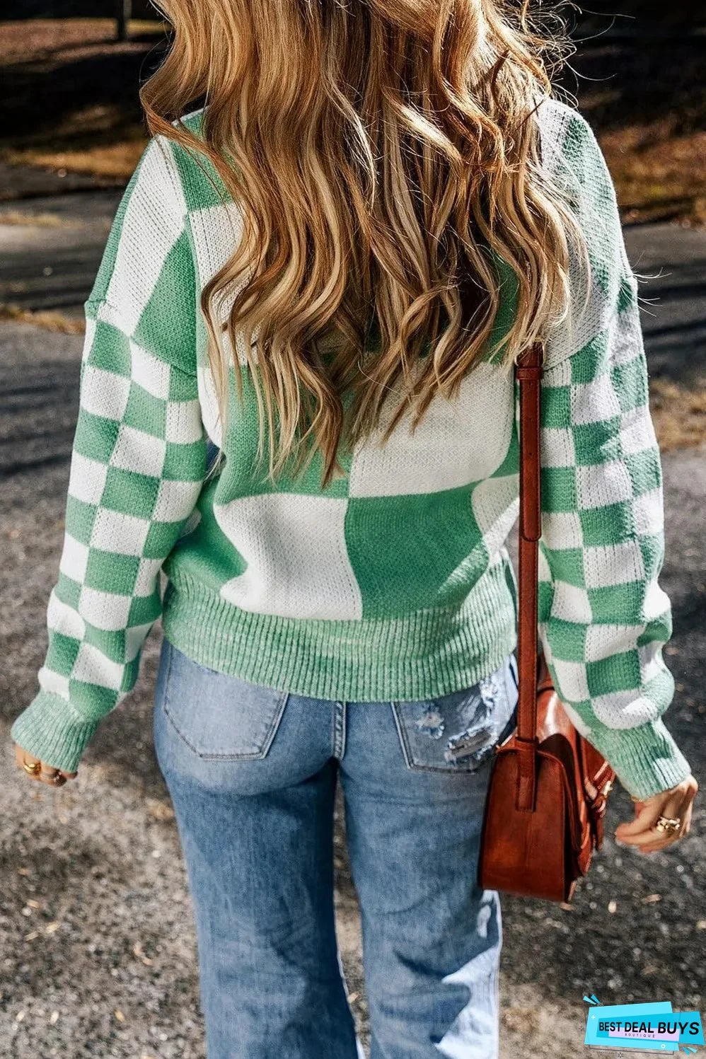 Mint Green Checkered Print Drop Shoulder Sweater