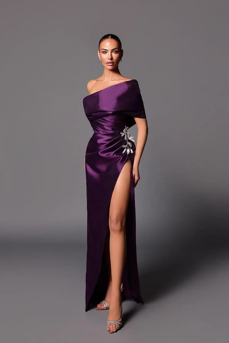 Hellodresses Purple One Shoulder Sleeveless Pleated Beadings Long Prom Dress With Split