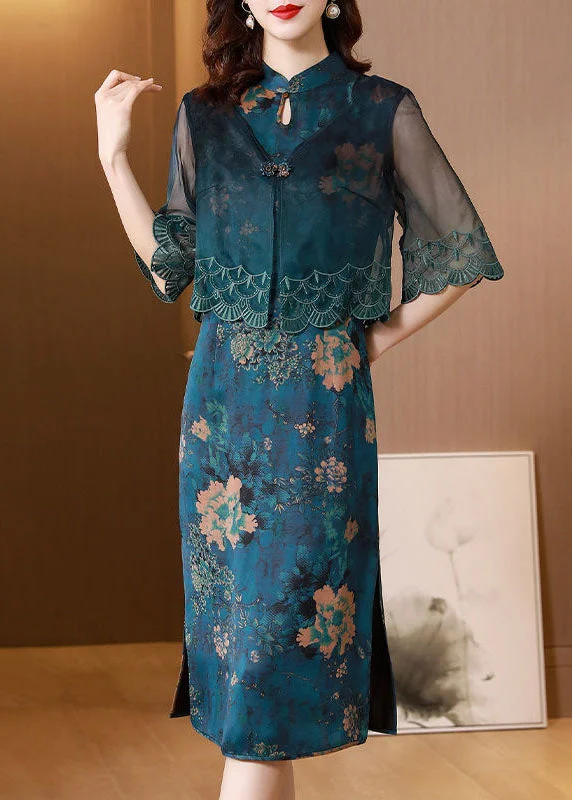 Natural Blue Stand Collar Patchwork Embroideried Silk Maxi Dress Summer