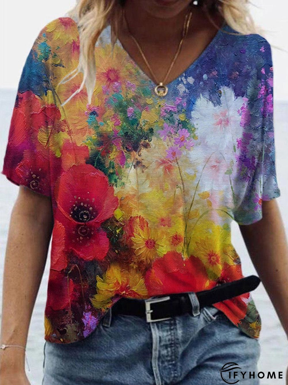 Floral Vacation V Neck Cotton-Blend T-shirt | IFYHOME