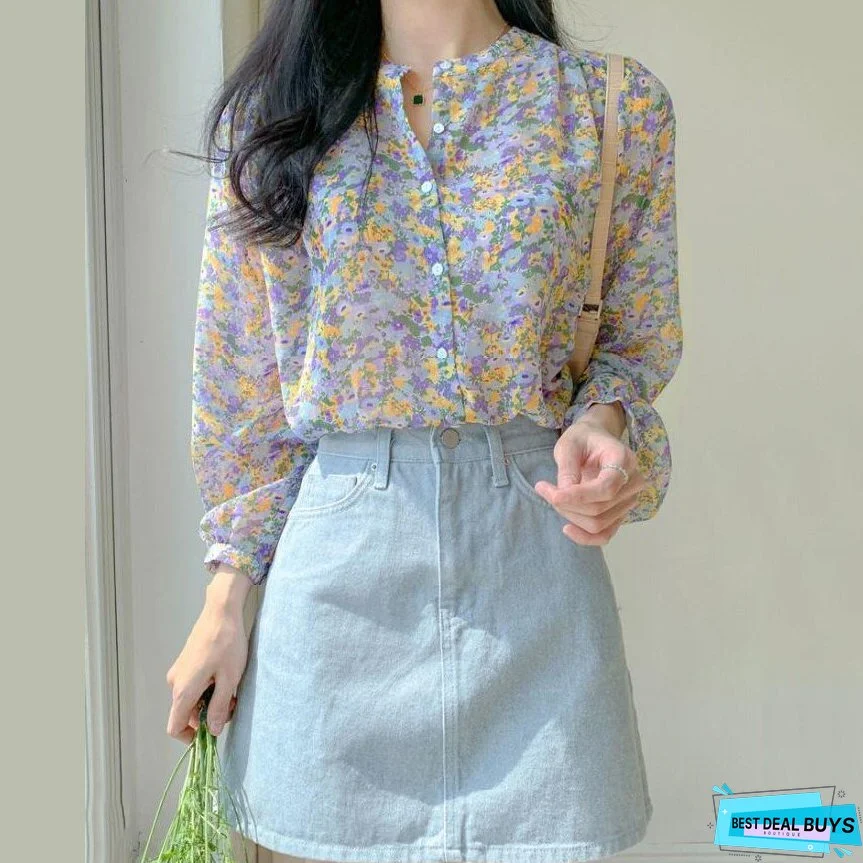 Christmas Gift Shirts Women Floral Printed Leisure Loose Elegant Chiffon Tops Blouses Trendy All-match Temperament Korean Style Popular Retro