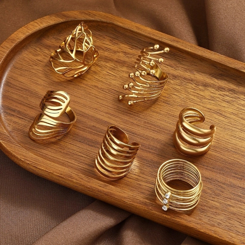 Classical Hip-Hop Oversized Geometric Leaves Titanium Steel Zircon Inlay Rings