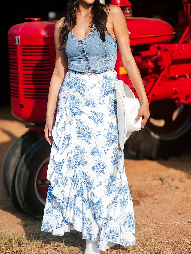 Elegant Blue Floral Bohemian High-Waist Ruffled Maxi Skirt With Side Slit - Machine Washable, Spring/Summer Women’S Fashion, Summer Outfit | Nontransparent Fabric, High Waisted Skirt