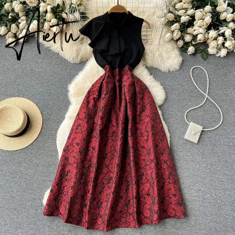 Aiertu  Ruffled Sleeveless Print Party Dress Summer Design Skinny A Line Temperament Women Retro  Floral Evening Dress Aiertu