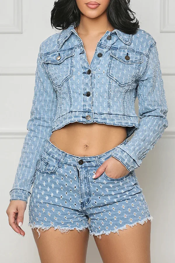 Casual Ripped Denim Short Jacket & Shorts Set