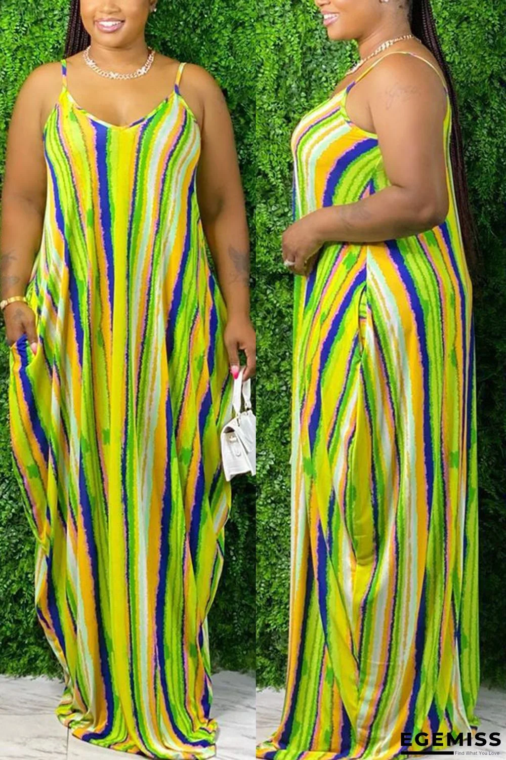 Green Fashion Sexy adult Green Off The Shoulder Sleeveless Slip A-Line Floor-Length Striped Print Patchwork Dresses | EGEMISS
