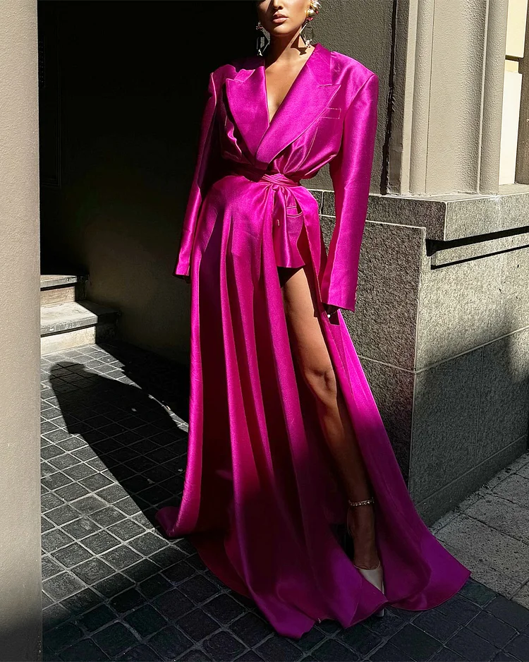 Women's Lapel Long Sleeve Satin Dress