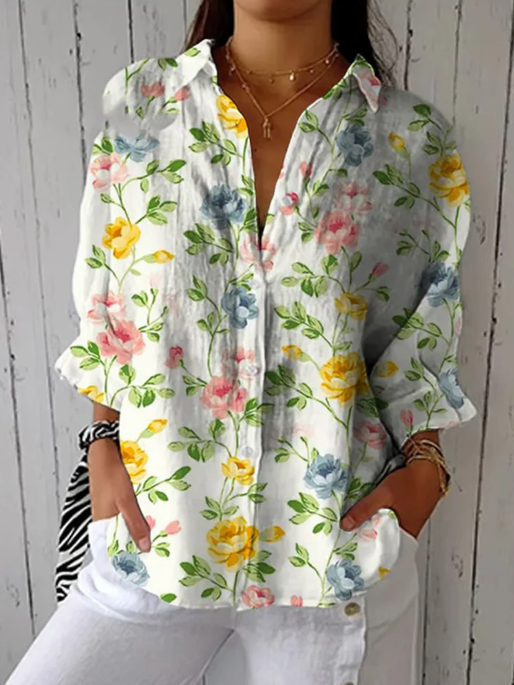 Simpfit Lässiges Damenhemd aus Nachahmung aus Baumwolle und Leinen im Vintage-Stil mit Blumenmuster