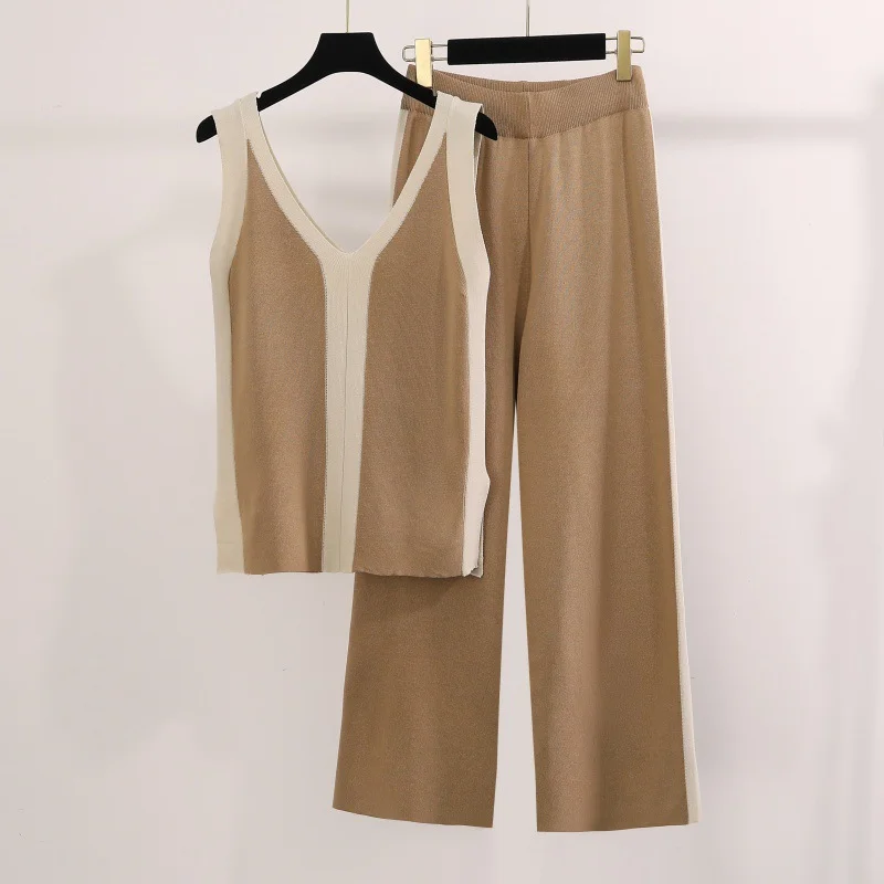 Uveng Uveng Color Before And After The V-Neck Vest Knitted Fork Tops Knitted Knitted Two-Piece Trousers Knitted Two-Piece