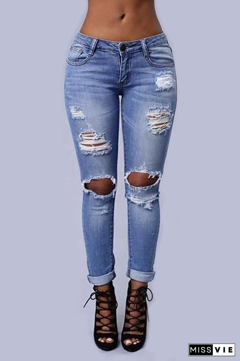 Stretch Cotton Hole Boyfriend Pencil Feet Jeans