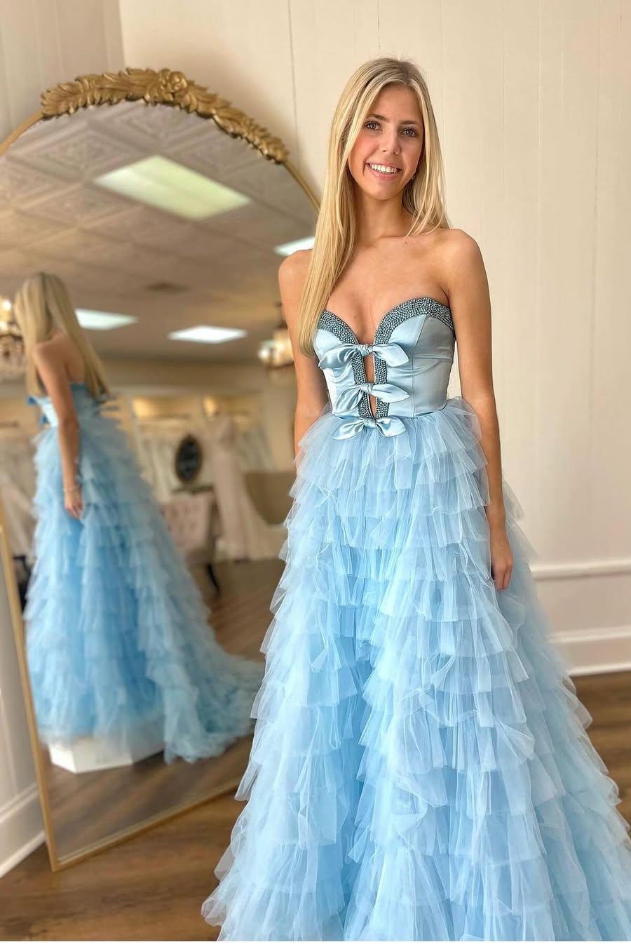 Beautiful Blue Tulle Sweetheart Sleeveless Strapless Long Prom Dress with Beadings | MS0526 