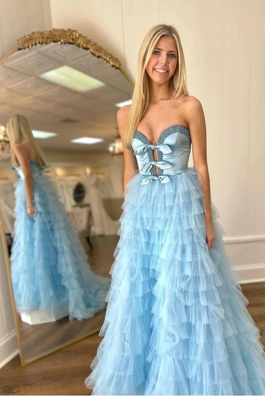 Miabel Beautiful Blue Tulle Sleeveless Sweetheart Strapless Long Prom Dress with Beadings 