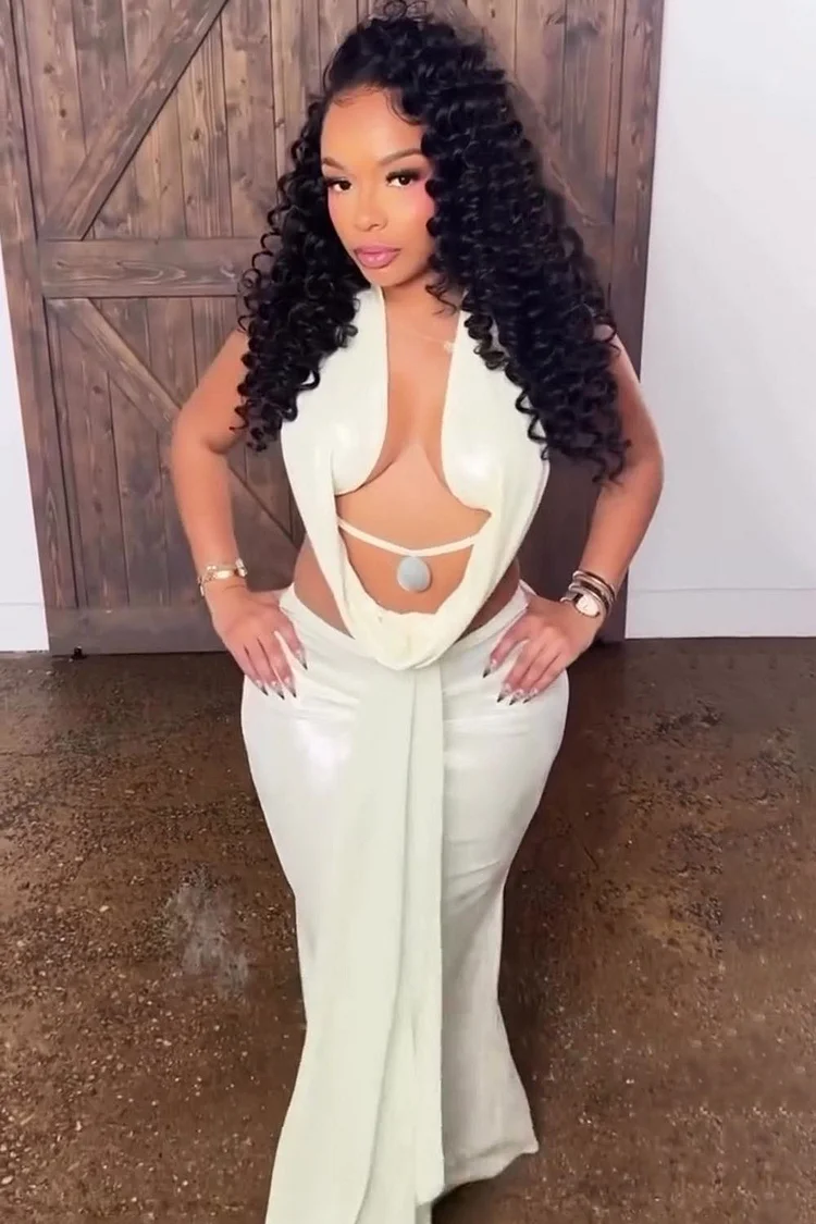 Halter Plunging Neck Top Slim-Fit Maxi Skirt Party 2pcs Set-White [Pre Order]