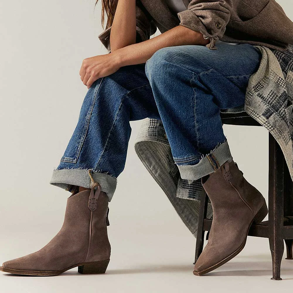 Taupe Vegan Suede Side Tab Back Zipper Western Boots for Women
