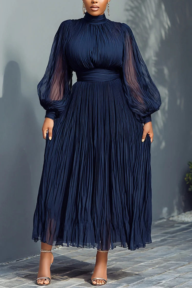 Xpluswear Design Plus Size Churchs Navy Blue Mock Neck Lantern Sleeve Long Sleeve See Through Elegant Ruffled Midi Dresses [Pre-Order]