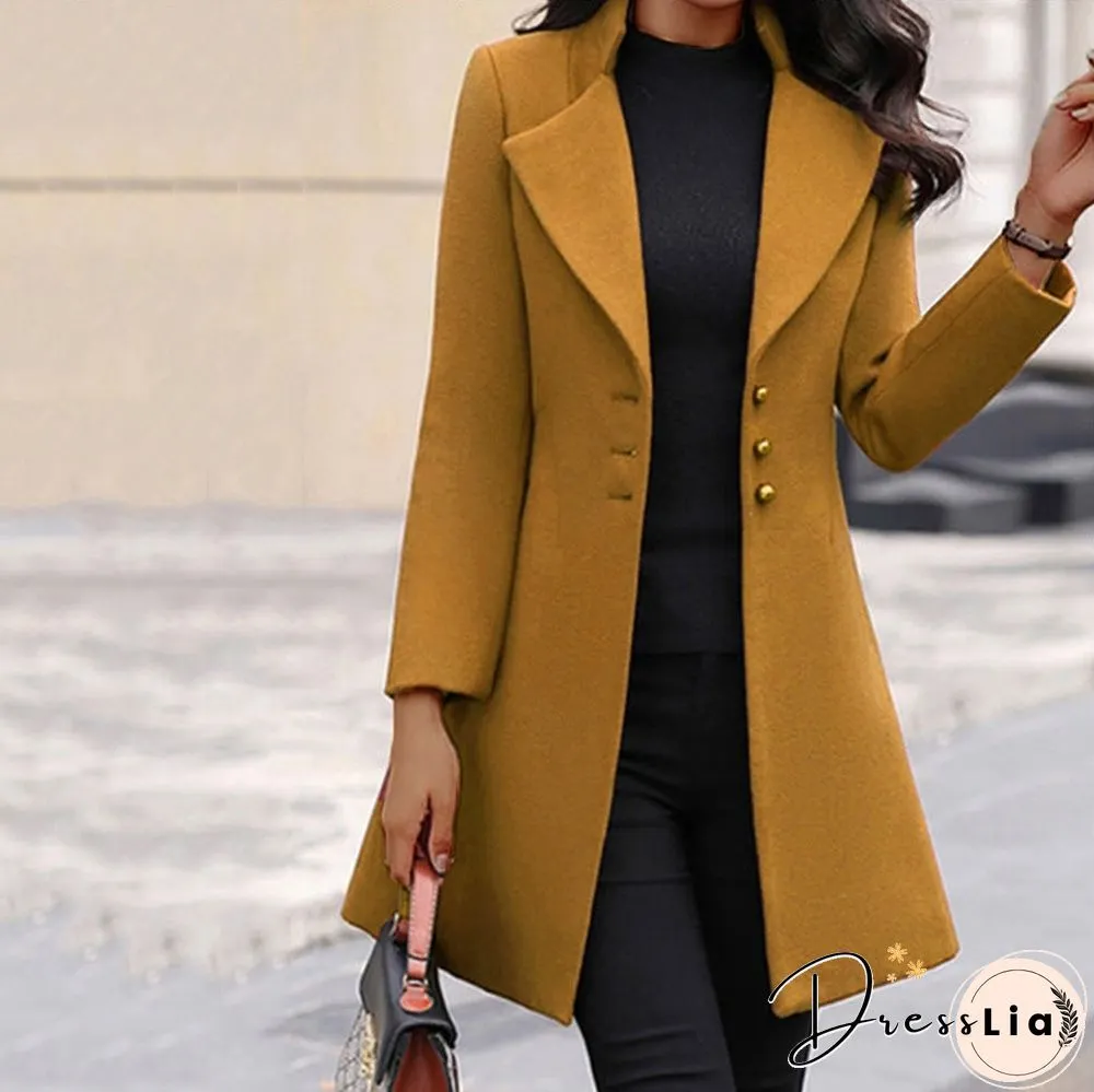 Long Lapel Slim Solid Color Slim Woolen Coat