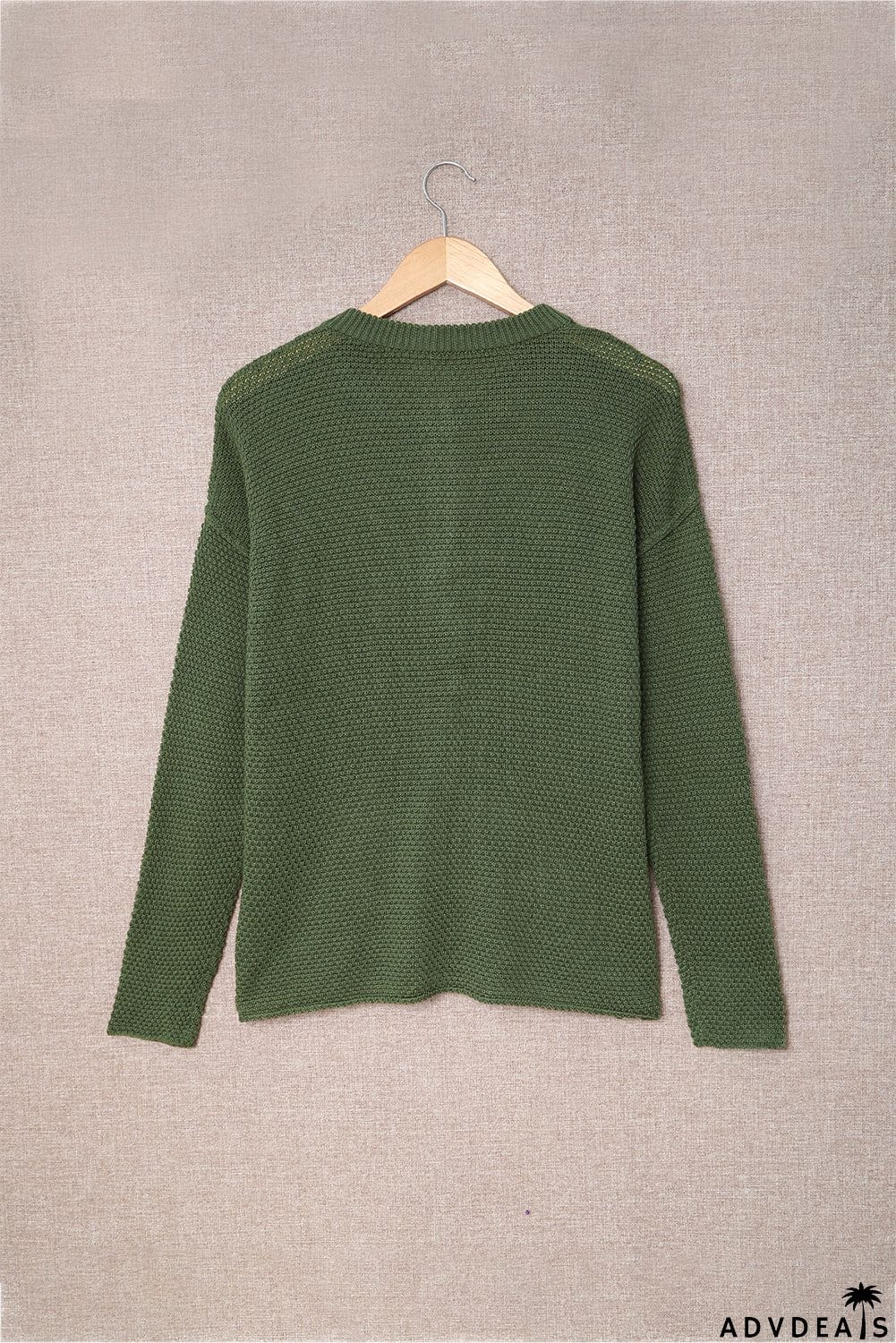 Women's Green Henley Pullover Drop Shoulder Sweater with Slits