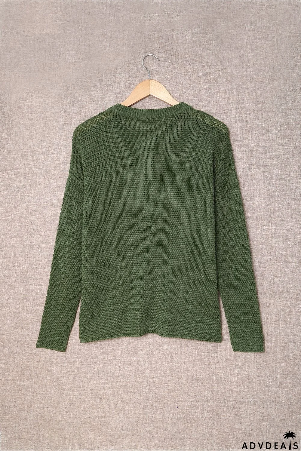Women's Green Henley Pullover Drop Shoulder Sweater with Slits