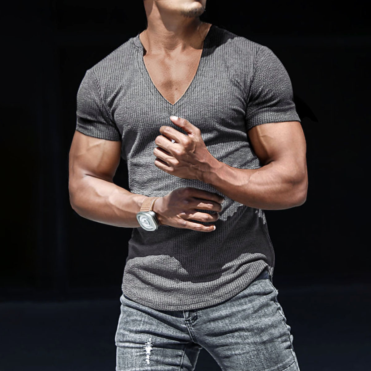 Men's Casual Slim Short Sleeve T-Shirt Sports Fitness Running V Neck Tops