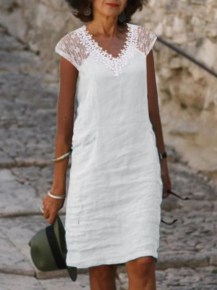 Solid color lace stitching straight elegant V-neck dress