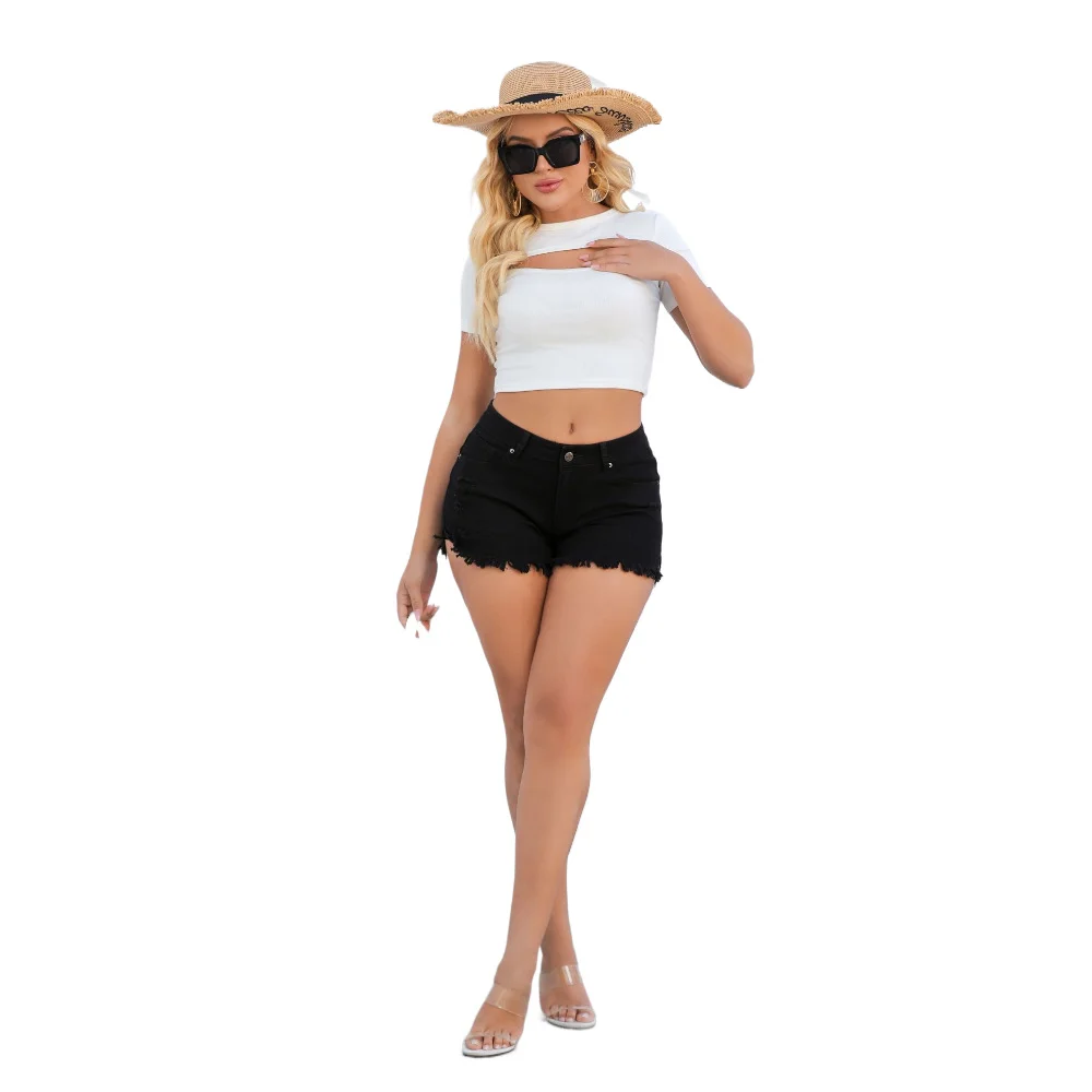 Women's Casual Retro Frayed Solid Color High Waist Denim Shorts
