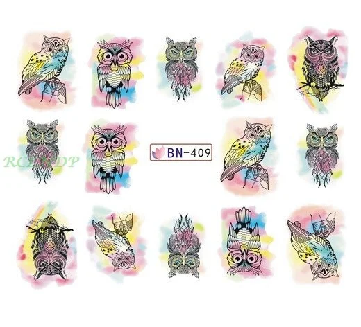 Sdrawing sticker for nail art decoration slider watercolor owl cobweb spider web ink girl nails design decal lacquer accessoires