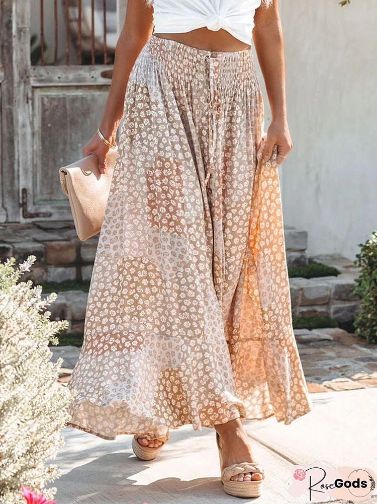 Boho Buttoned Geometric Long Skirt