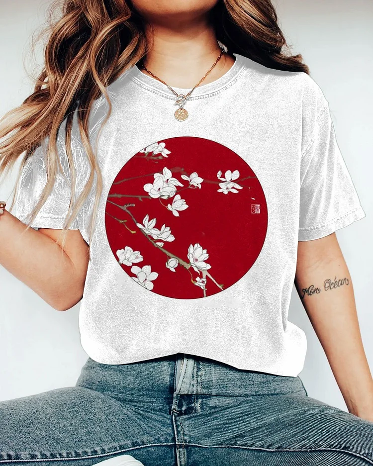 Full Moon Floral Print Short Sleeve Tshirt