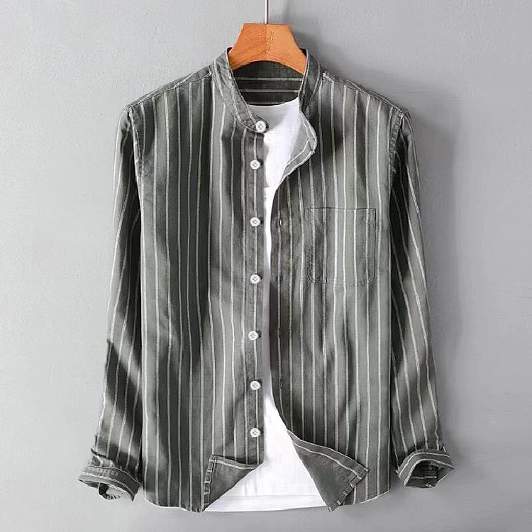 Men's Vintage Stripes Cotton Linen Long Sleeve Casual Shirt