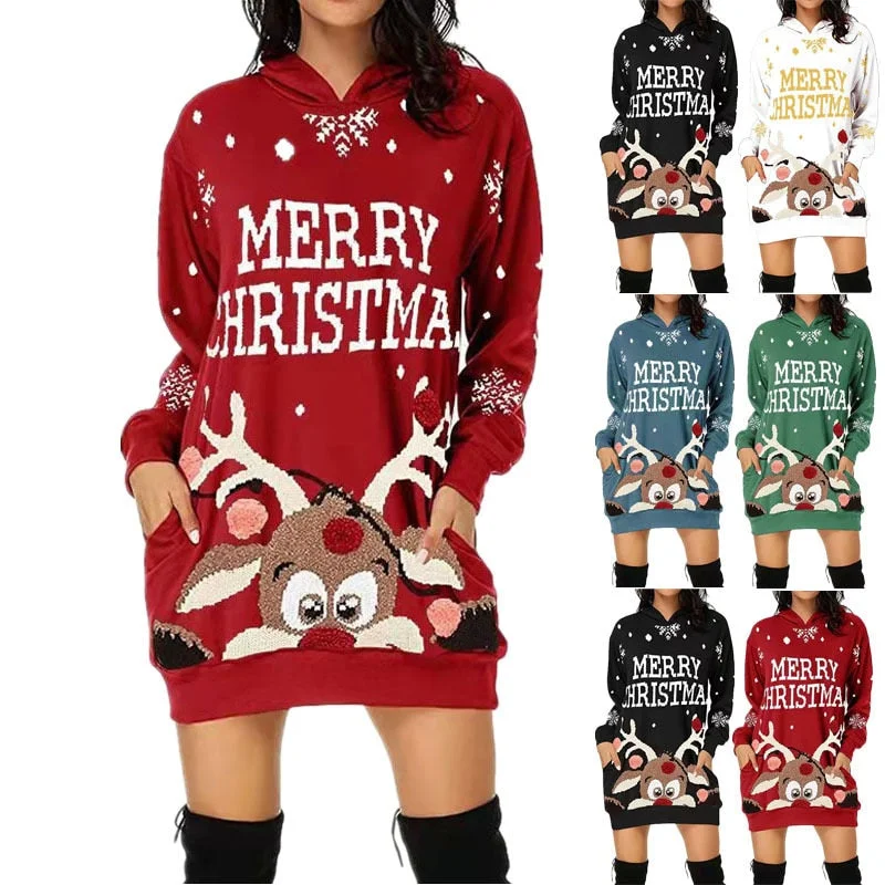 Women Elk Print Christmas Hoodie Dress with Pocket-elleschic