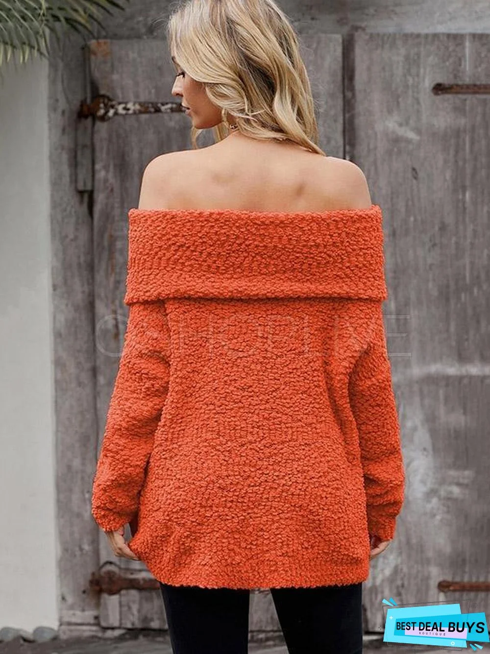 Plain One-Shoulder Collar Velvet Sweater