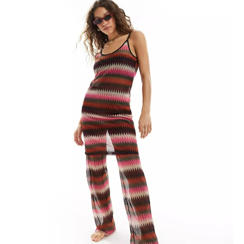 Crochet Beach Trouser Co-Ord In Pink Stripe
