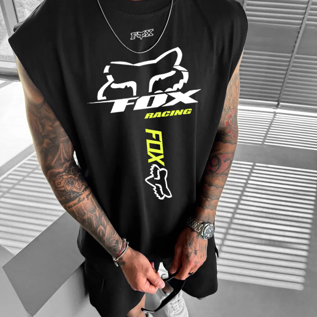 Men's Black Loose Casual Racing Print Sleeveless Vest / TECHWEAR CLUB / Techwear