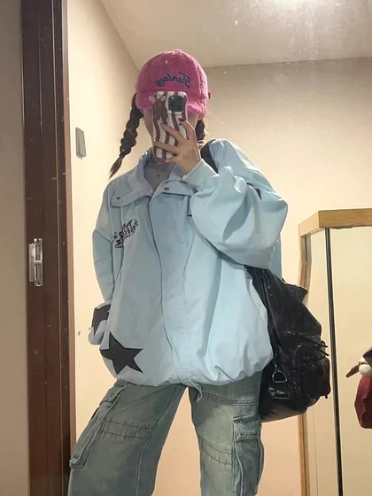 Vintage Streetwear Zipper Oversized Jackets Women Harajuku Retro Star Patchwork Coats Loose Casual Long Sleeve Tops Y2K