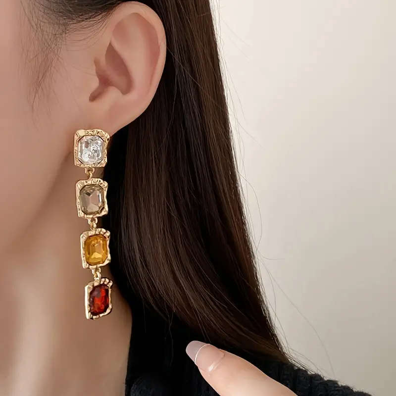 wedding banquet style jewelry set square rhinestone tassel stud earrings necklace set suitable for women details 7