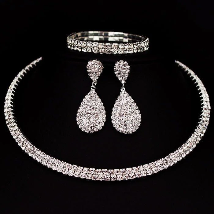 Bride Classic Rhinestone Crystal Necklace Earrings and Bracelet Set