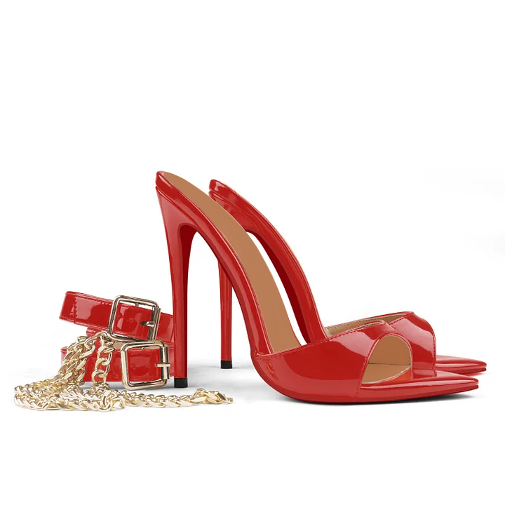 120mm Women's Sandals Removable Chain Ankle Strap Pointed Toe Mules Heels-vocosishoes