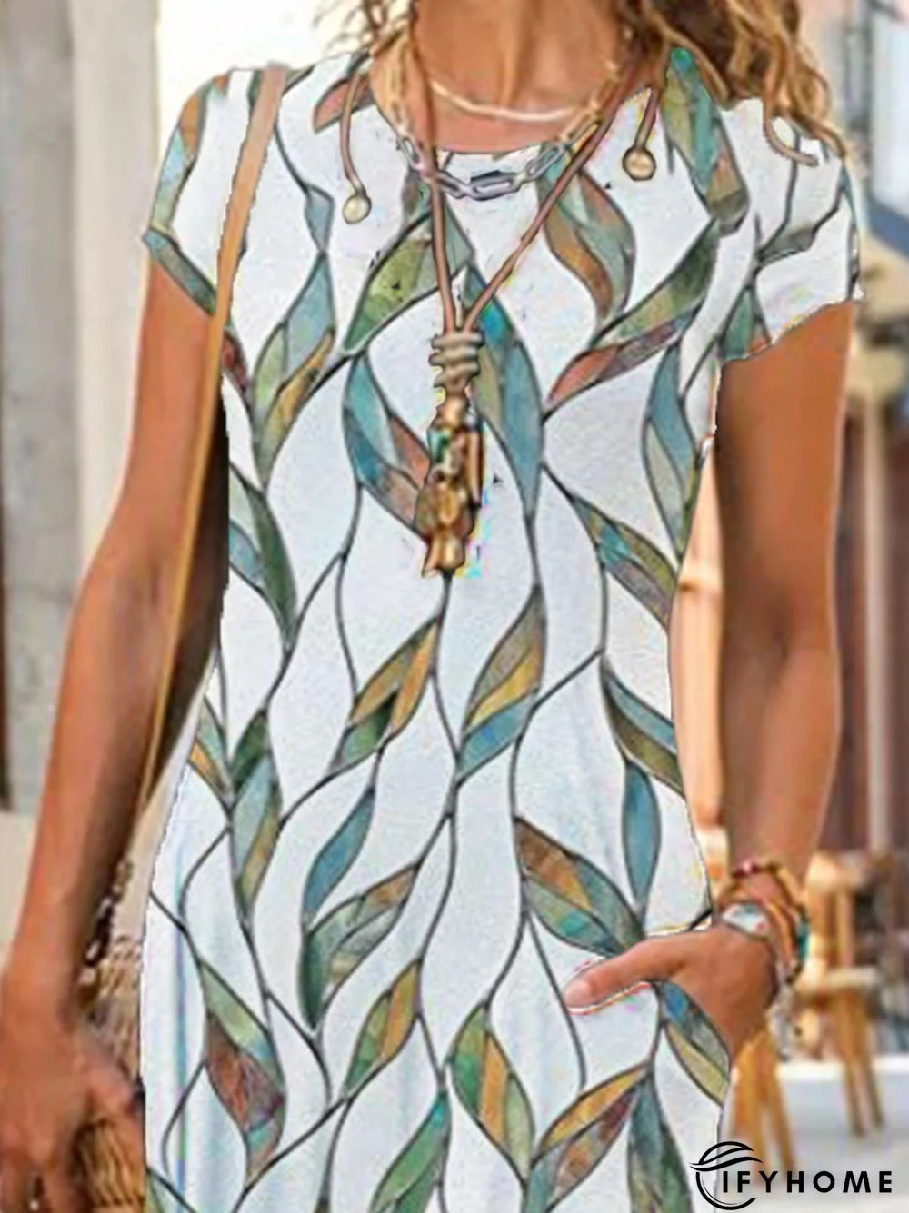 Plus Size Vintage Boho Holiday Crew Neck Shift Casual Short Sleeve Dresses | IFYHOME