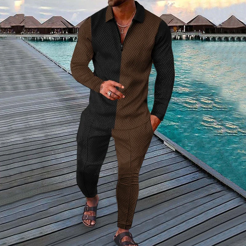 Colorblock Long Sleeve Polo Shirt And Pants Two Piece Set
