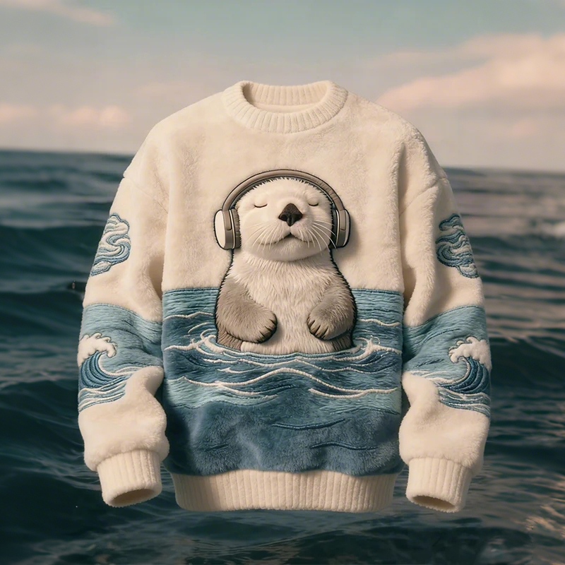 Men's Otter Wearing Headphones Ocean Art Print Casual Flannel Sweatshirt  artssus