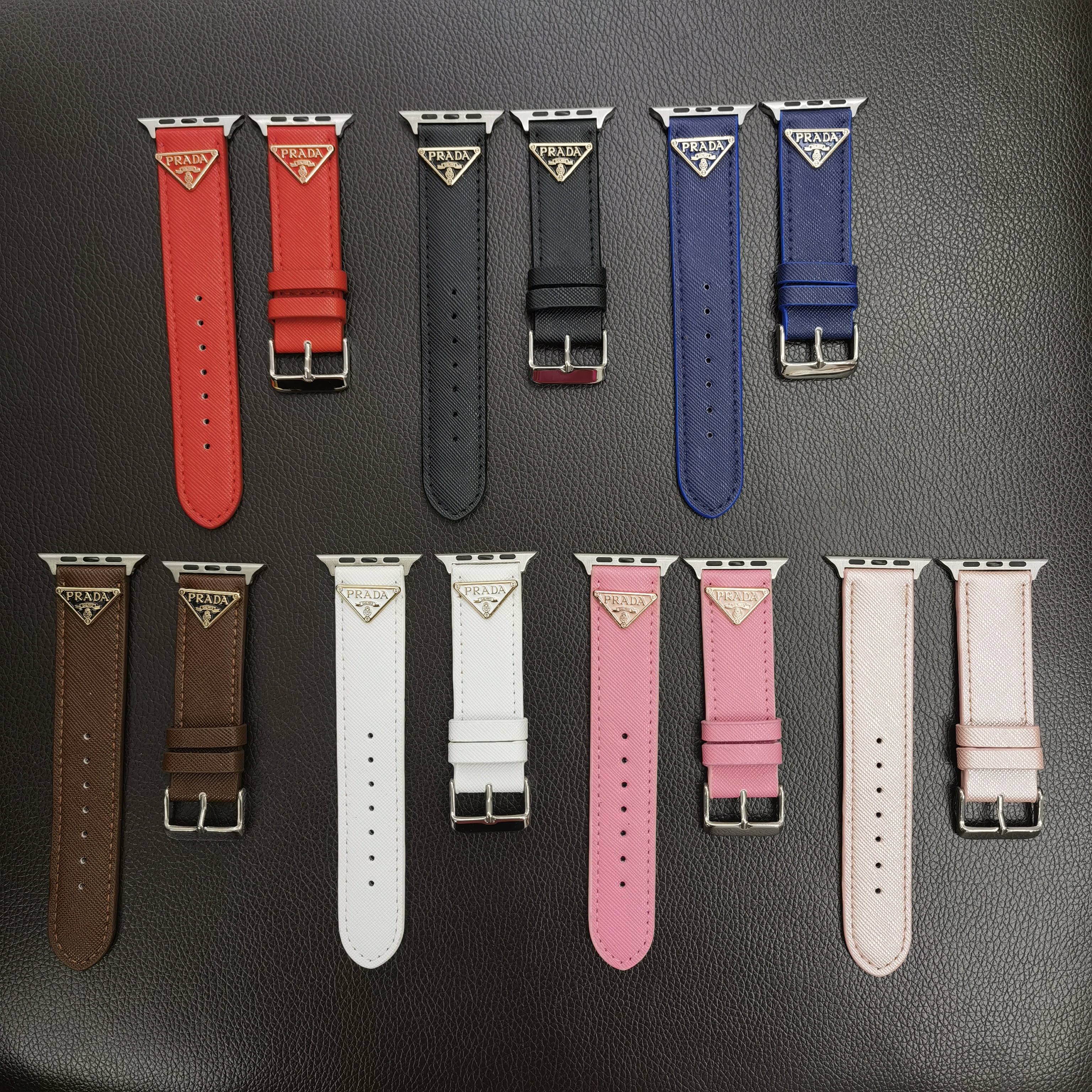 Prada Classic Double Triangle Monogram Label Leather Apple Watch Band