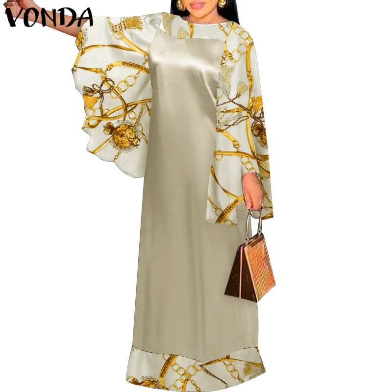 Long Sleeve Vintage Printed Patchwork Maxi Dress 2022 VONDA Women Flare Sleeve Bohemian Dress Oversized SundressRobe Femme
